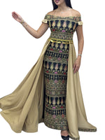 Load image into Gallery viewer, Black/ Gold  Dress Off Shoulder Embroidered long Overskirt
