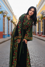 Load image into Gallery viewer, Green Covered in elegant floral Embroidered Palestinian Thobe
