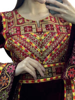 Load image into Gallery viewer, Maroon velvet Palestinian embroidered traditional long thobe with matching headpiece.
