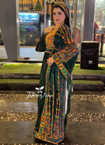 Load image into Gallery viewer, Silk Light Velvet Traditional Embroidered Green Dress With Matching Headpiece
