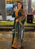 Silk Light Velvet Traditional Embroidered Green Dress With Matching Headpiece