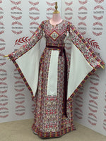 Load image into Gallery viewer, White Traditional Palestinian Thobe – Burgundy &amp; Gold Elegance Embroidery
