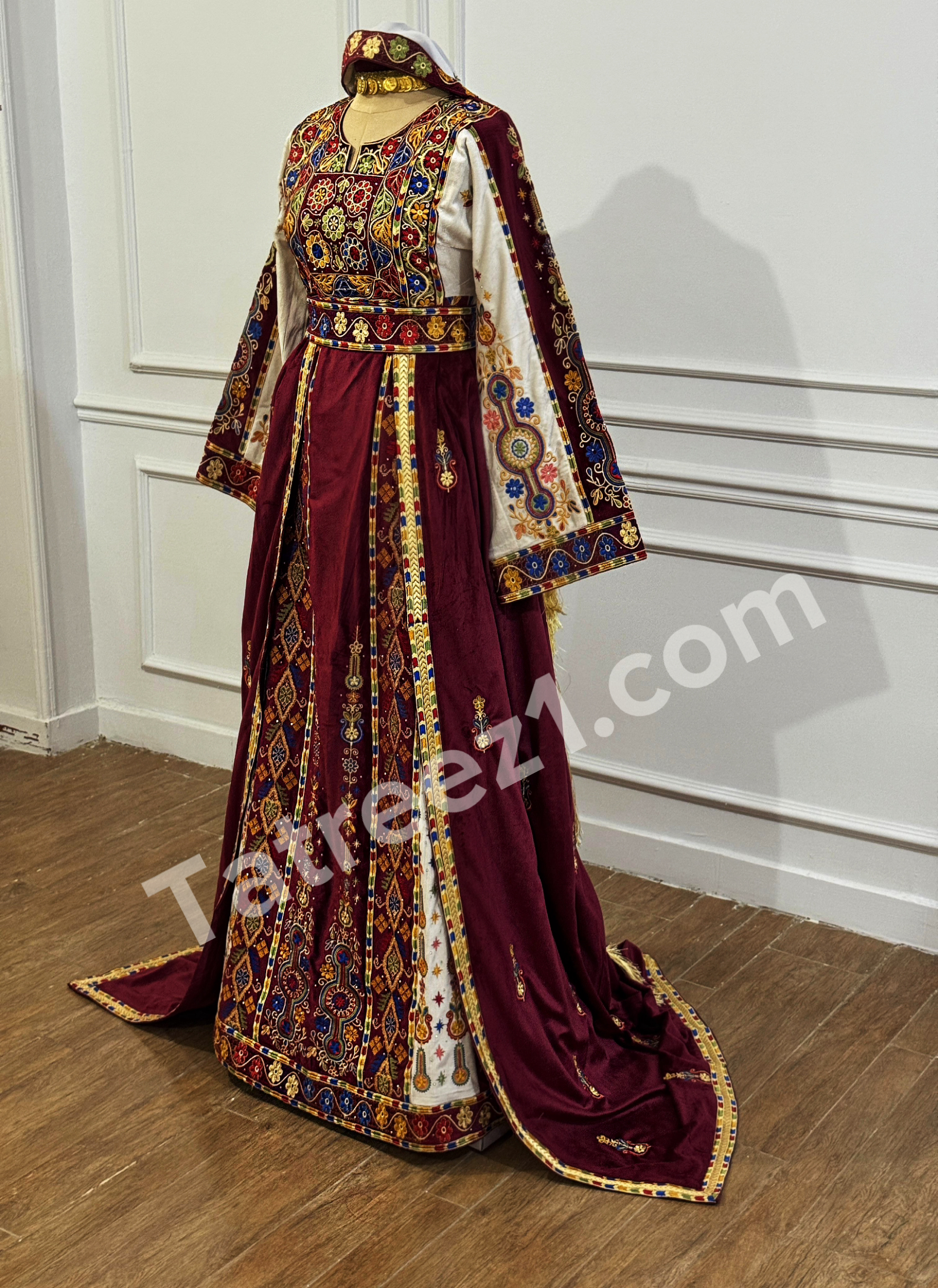 Maroon Malacca Silk Velvet Thoub with Stone Embroidery and Overskirt