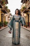 Beige thoub Blue Embroidered Palestinian Fellahi Thobe With Belt