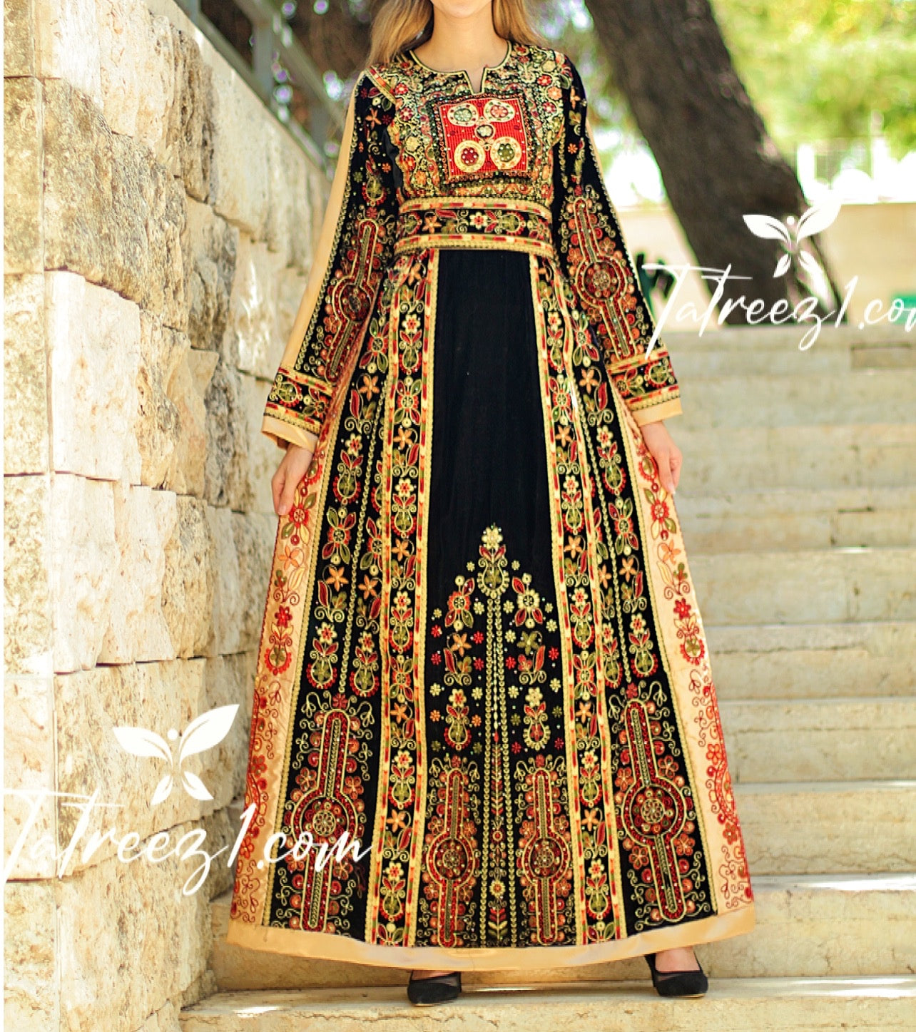 The New Black Velvet Malacca Embroidered Palestinian Fellahi Thobe