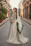 Green Embroidered Palestinian Fellahi Thobe With Matching Headpiece & overskirt