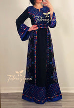 Charger l&#39;image dans la galerie, &quot;Black/Blue Embroidery-Embroidered Palestinian Thobe with Embroidered Belt.&quot;
