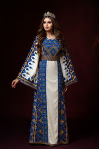 Blue Embroidered Palestinian Thobe Wide Sleeves