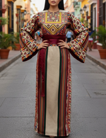 Load image into Gallery viewer, Beige Majdalway Embroidered Palestinian Fellahi Thobe With Matching Headpiece
