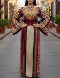 Beige Majdalway Embroidered Palestinian Fellahi Thobe With Matching Headpiece & overskirt