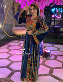 Blue Silk Light Velvet Traditional Embroidered Thoub With Matching Headpiece