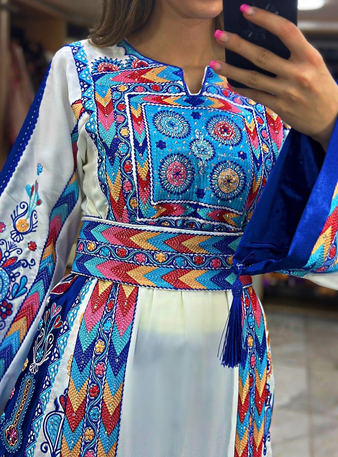 White & Blue Multicolored Embroidered Palestinian Fellahi Thobe