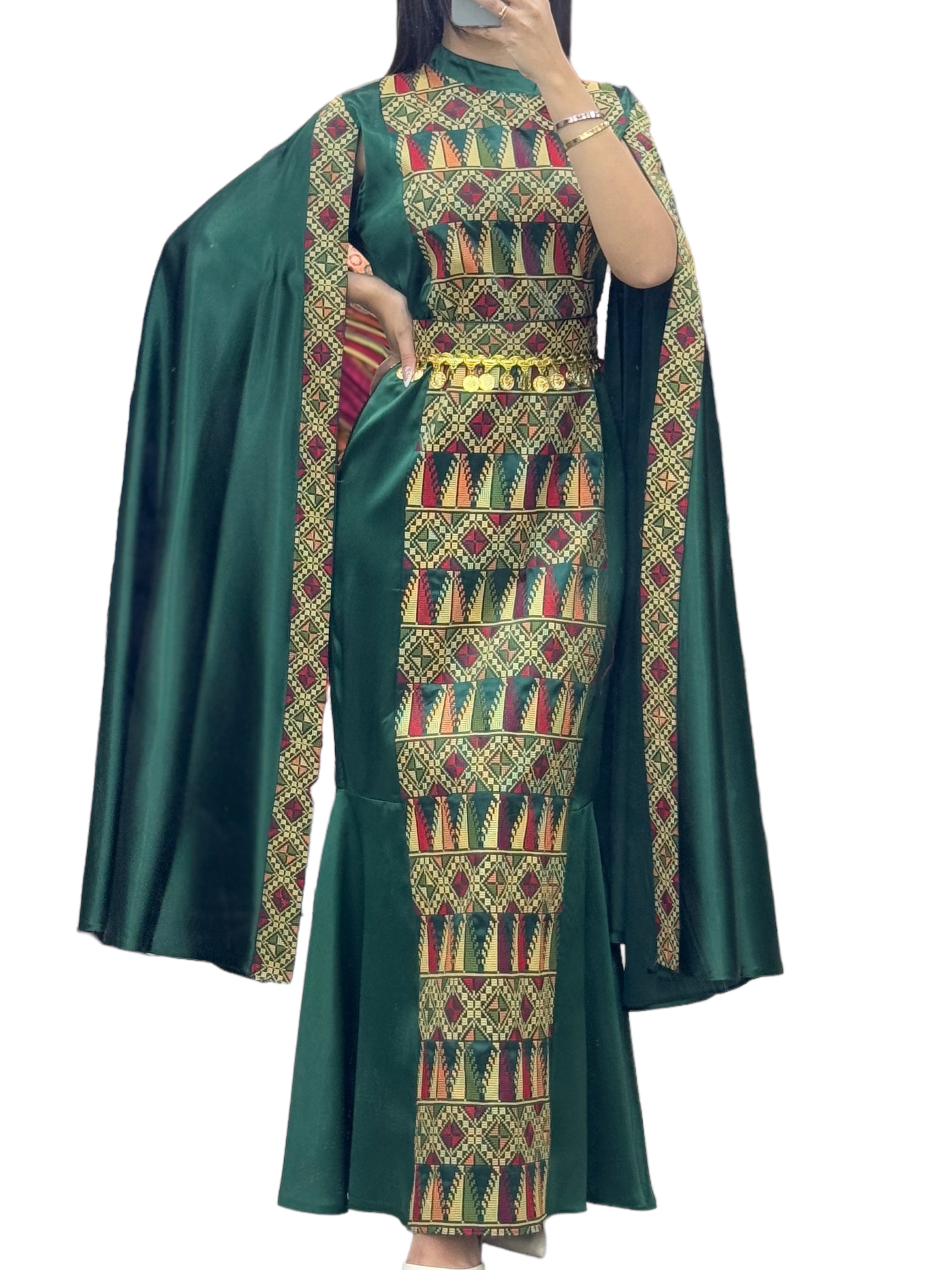 Green Dress Sleeve Drop Tatreez Elegant Beautiful Embroidery