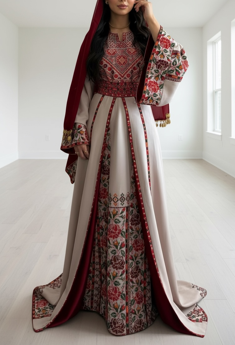 Light beige Elegance Thoub with Overskirt Thoub with Floral Embroidery