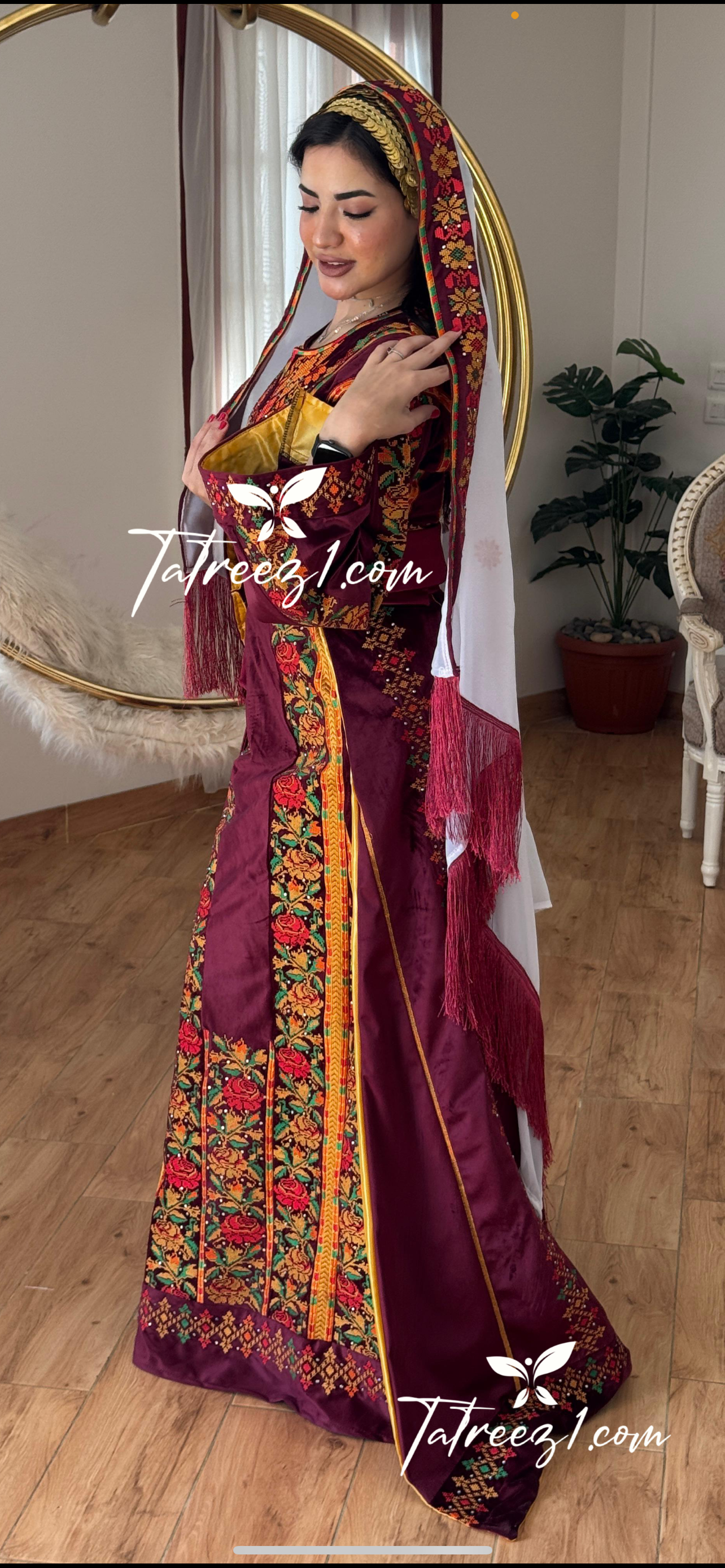 Maroon Malacca Silk Velvet Thoub with Stone Embroidery and Overskirt