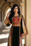 Qasab Green Malacca Silk German Velvet Thoub with Embroidery