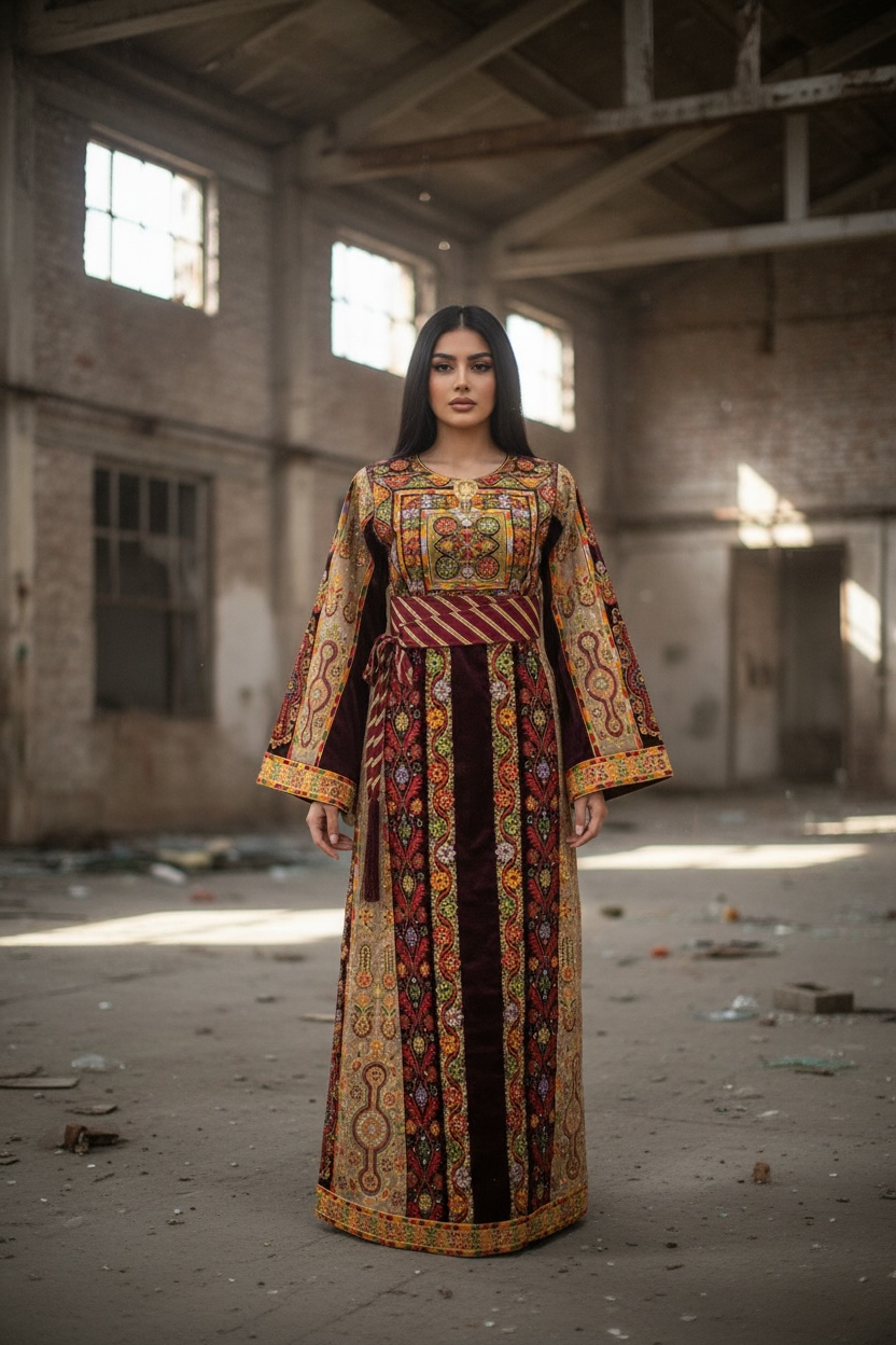 Maroon German velvet Palstainen Golden Embroidery Traditional Long Thoub