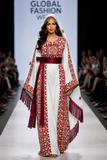 Crimson Heritage Palestinian Thobe Set – White Shawl & Reversible Embroidered Belt