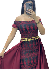 Dark Red Embroidery Dress Off Shoulder  long Overskirt