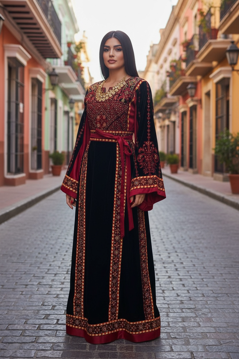 Velvet Simply Elegant Wide Sleeve Thoub Red Embroidered Palestinian Thobe