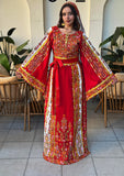 Traditional Palestinian Red Thobe with Intricate Embroidery – Machine Made with Matching Head Scarf