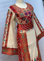 Load image into Gallery viewer, Etameen Embroidered Beige Shade Palestinian Fellahi Thobe With Satin belt
