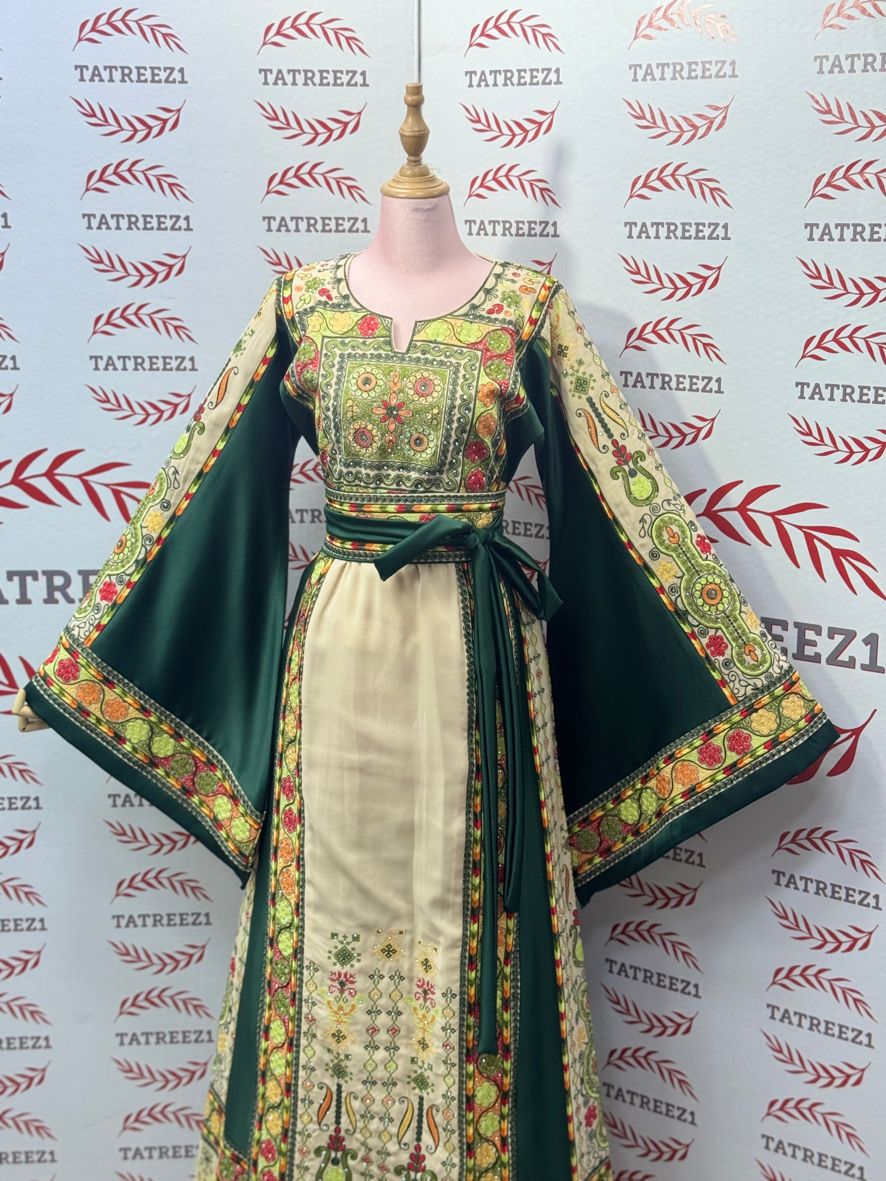 The Green & Cream Palestinian Tatreez Thobe Heritage Elegance Embroidered Dress