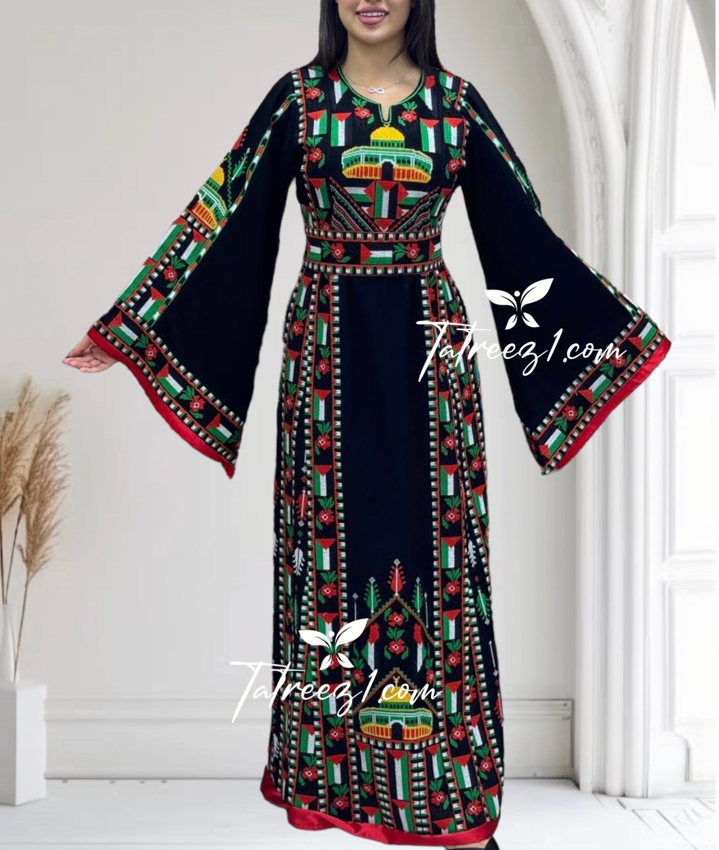 Palestine Flage Embroidery Black Traditional Thoub  Stone Thobe with Matching Belt