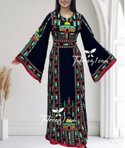 Palestine Flage Embroidery Black Traditional Thoub  Stone Thobe with Matching Belt