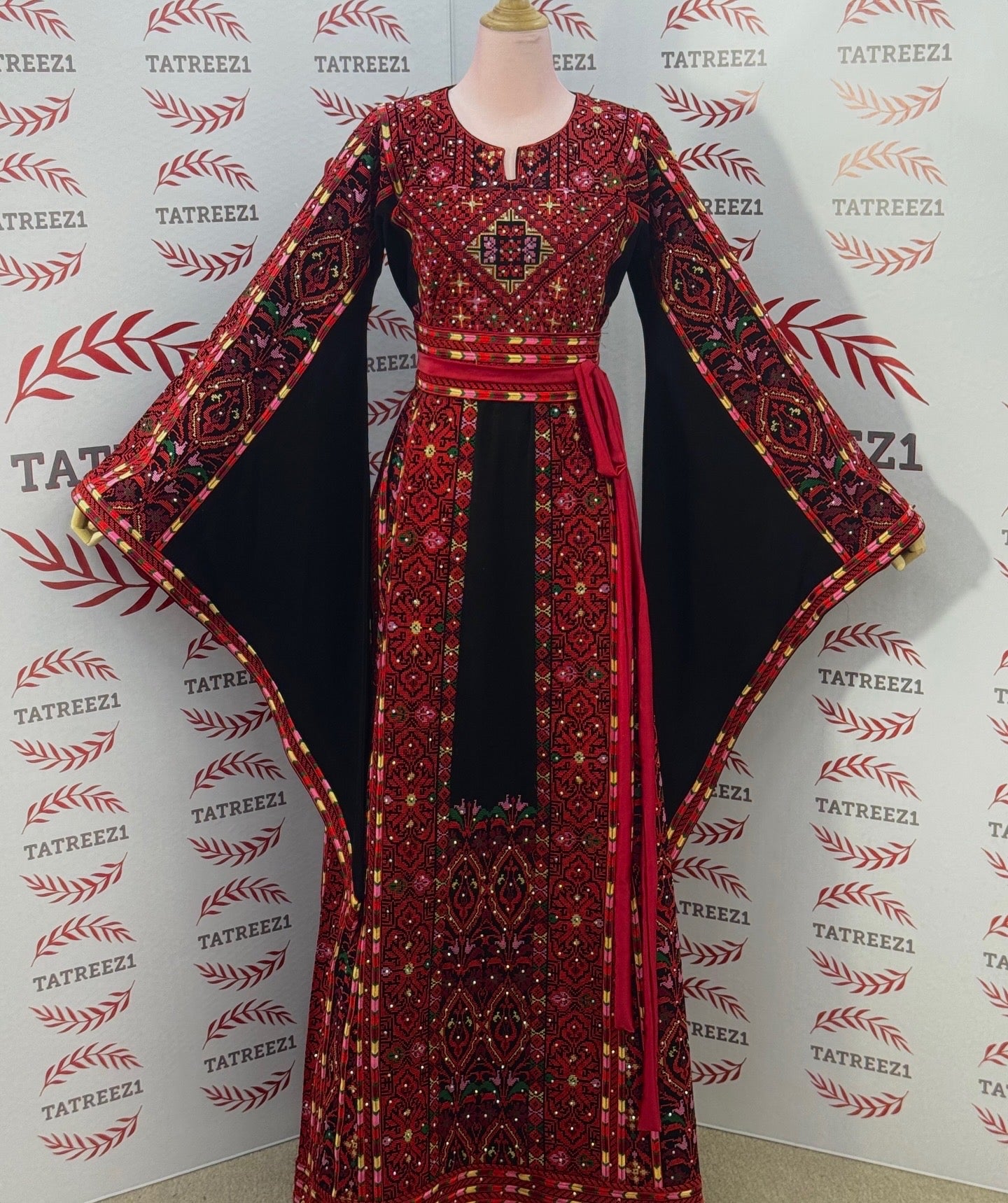 Red Embroidered Palestinian Thobe with Matching Embroidered Belt
