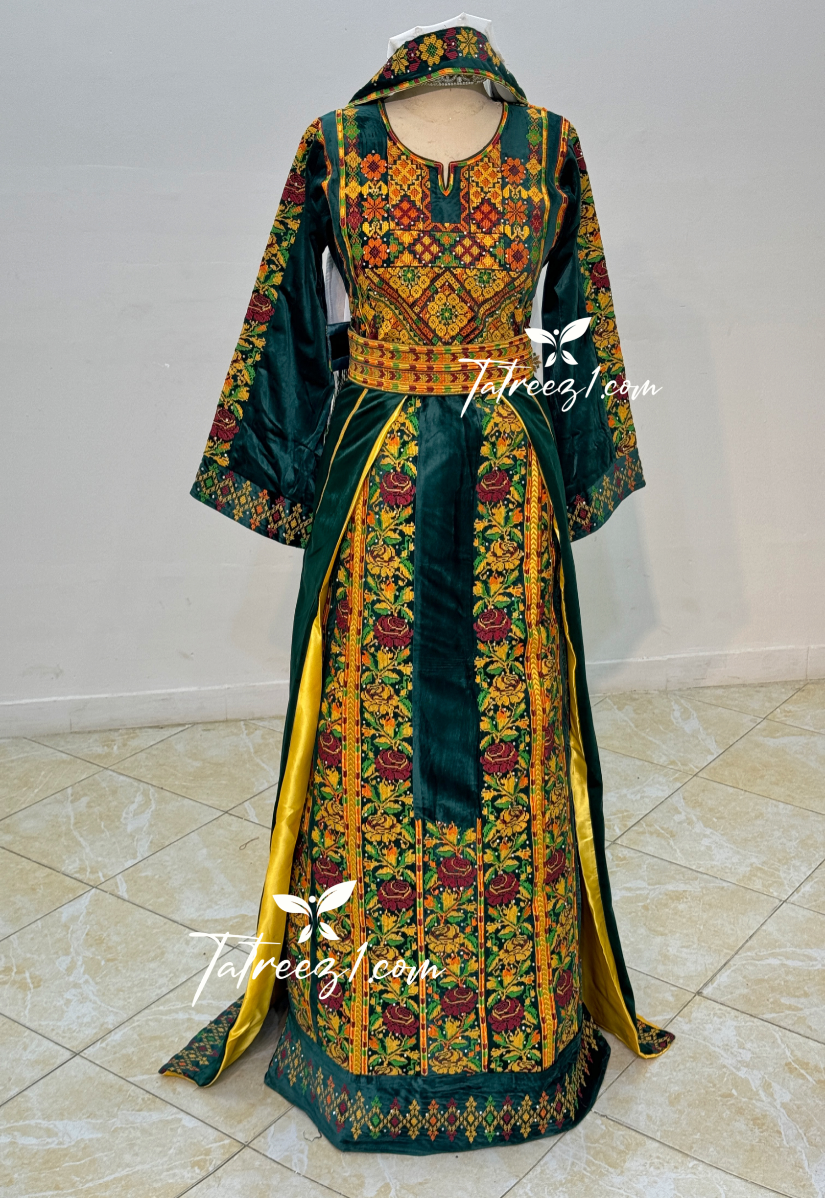 Green Malacca Silk Velvet Thoub with Stone Embroidery and Overskirt