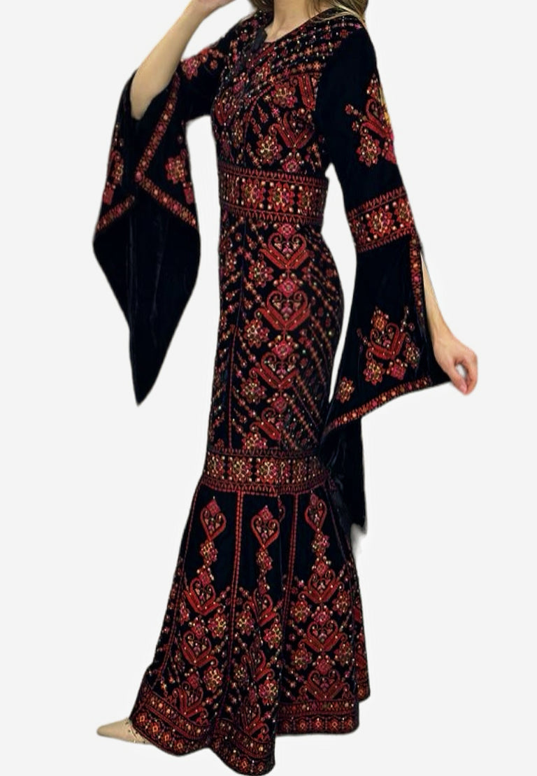 Luxury Mermaid Black/ Red Embroidery Velvet Thoub