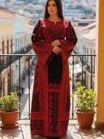 Load image into Gallery viewer, Red &amp; Black Color thoub Embroidered Palestinian Fellahi Thobe With Belt
