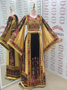 Luxury Embroidery  Golden Traditional Palestinian Thobe Machine Made