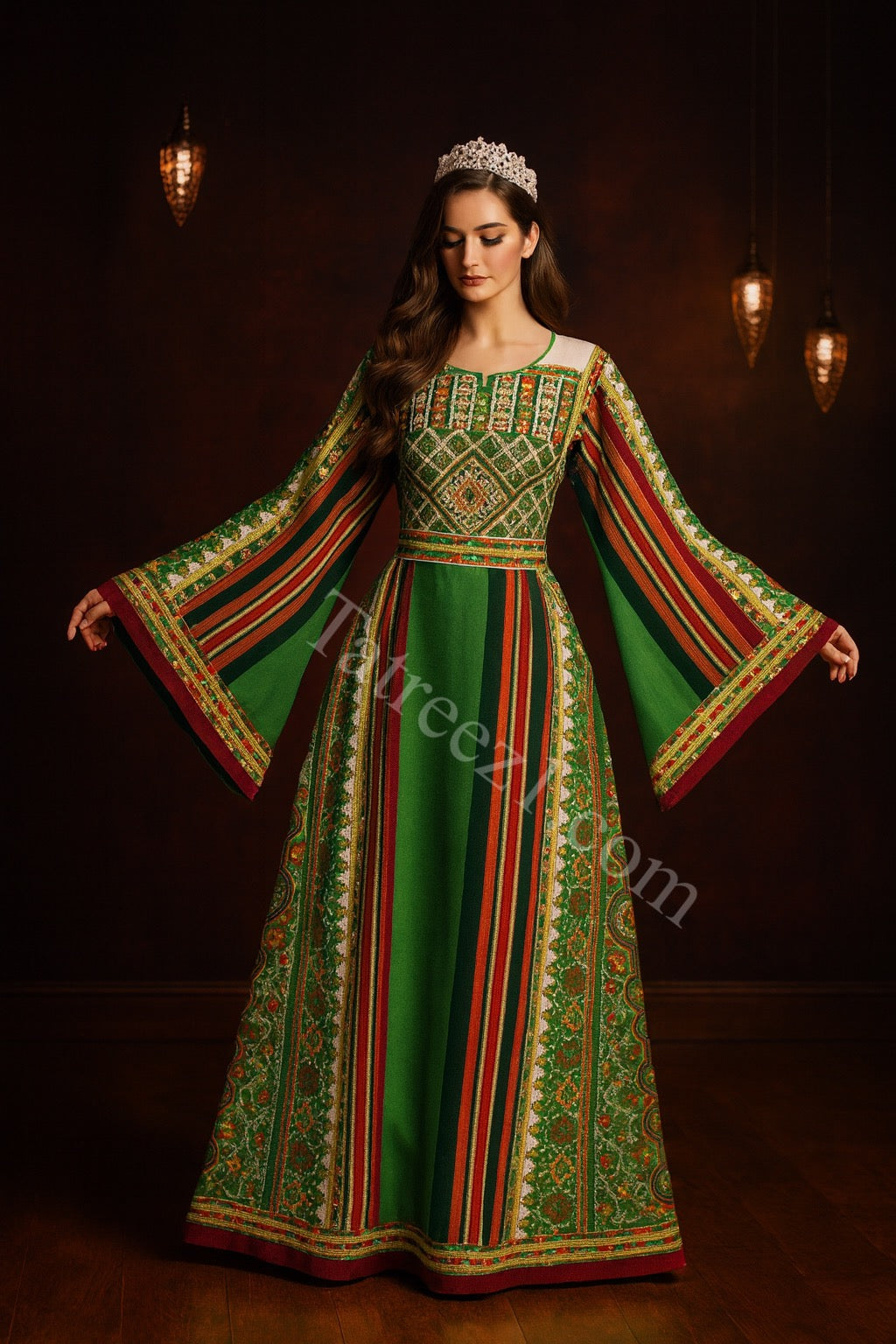 Majdalway Apple Green Embroidered Palestinian Fellahi Thobe