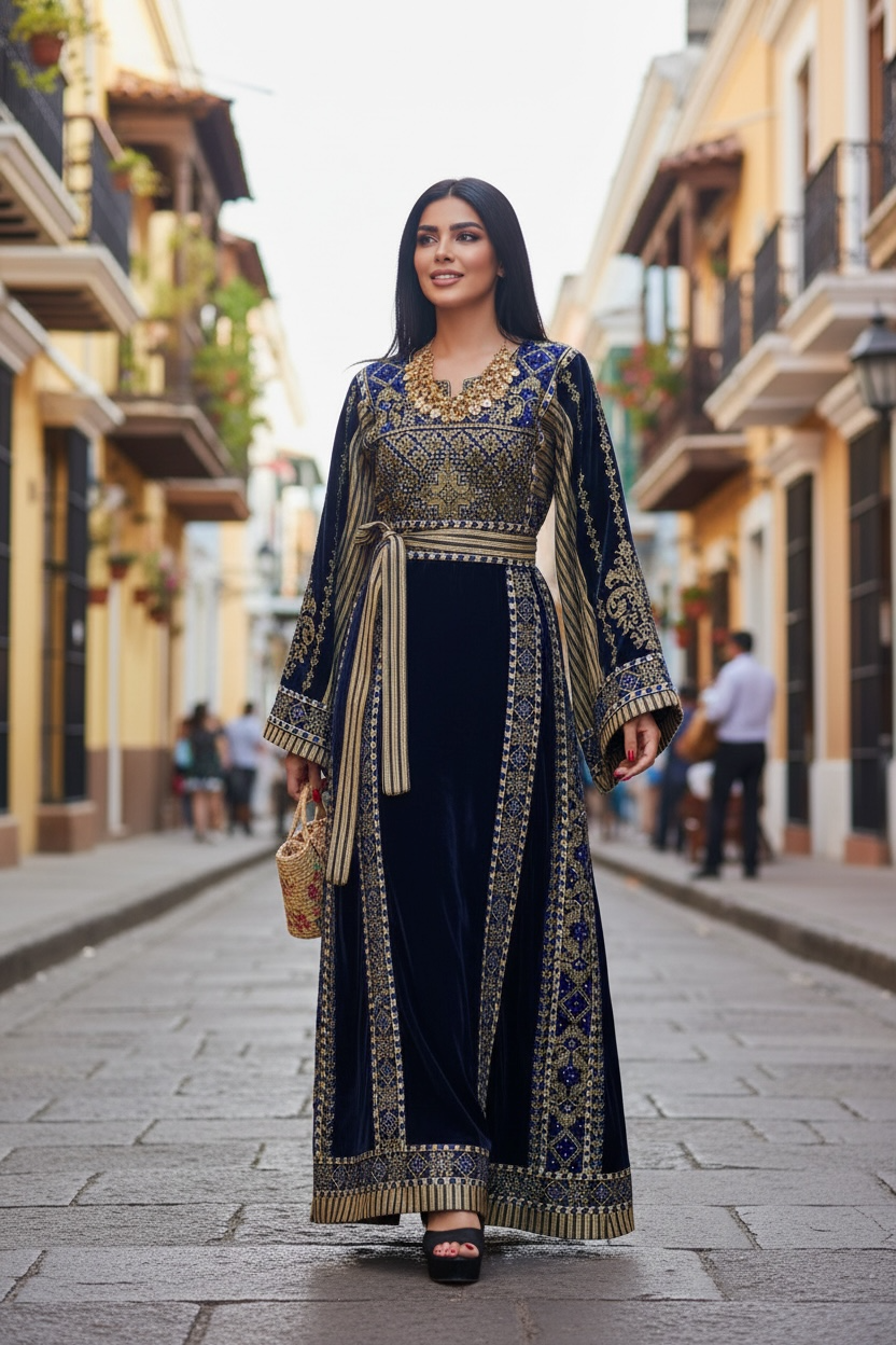 Velvet Simply Elegant Wide Sleeve Thoub Blue Embroidered Palestinian Thobe
