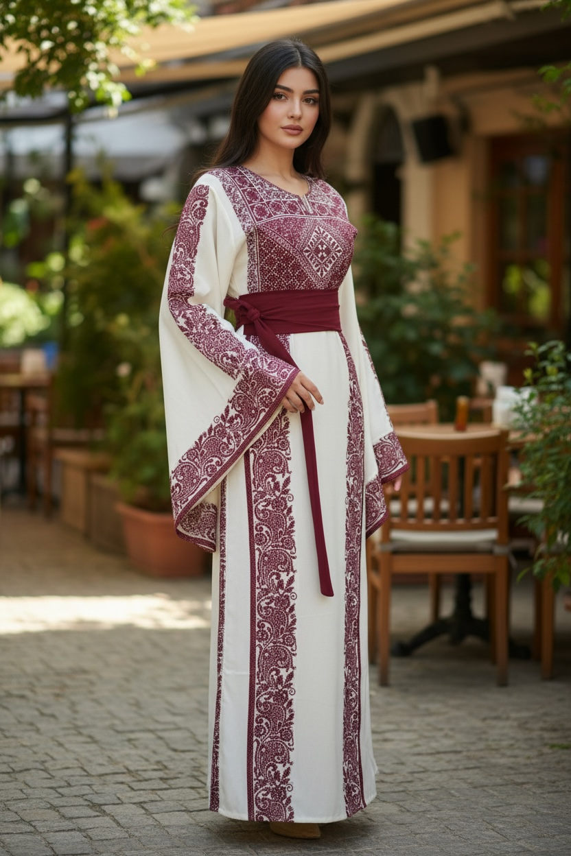 Wide Sleeve Thoub Red Embroidered Palestinian Thobe With Satin Belt