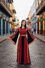 Load image into Gallery viewer, Red Embroidery The legend Manajel Primo Embroidered Palestinian Fellahi Thobe
