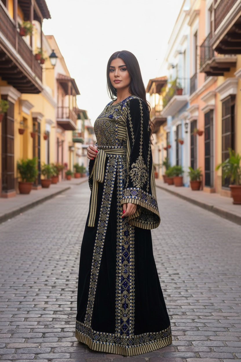 Velvet Simply Elegant Wide Sleeve Thoub Blue Embroidered Palestinian Thobe
