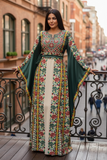 Green Floral Embroidered Palestinian Beige Thobe with Wide Sleeve