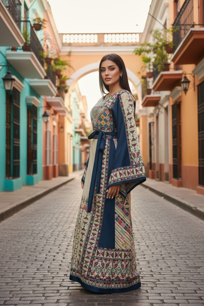 Beige Color thoub Blue Embroidered Palestinian Fellahi Thobe With Belt