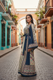 Beige thoub Blue Embroidered Palestinian Fellahi Thobe With Belt