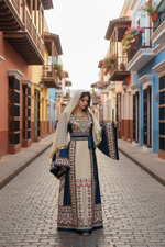 Load image into Gallery viewer, Beige Color thoub Blue Embroidered Palestinian Fellahi Thobe With Belt
