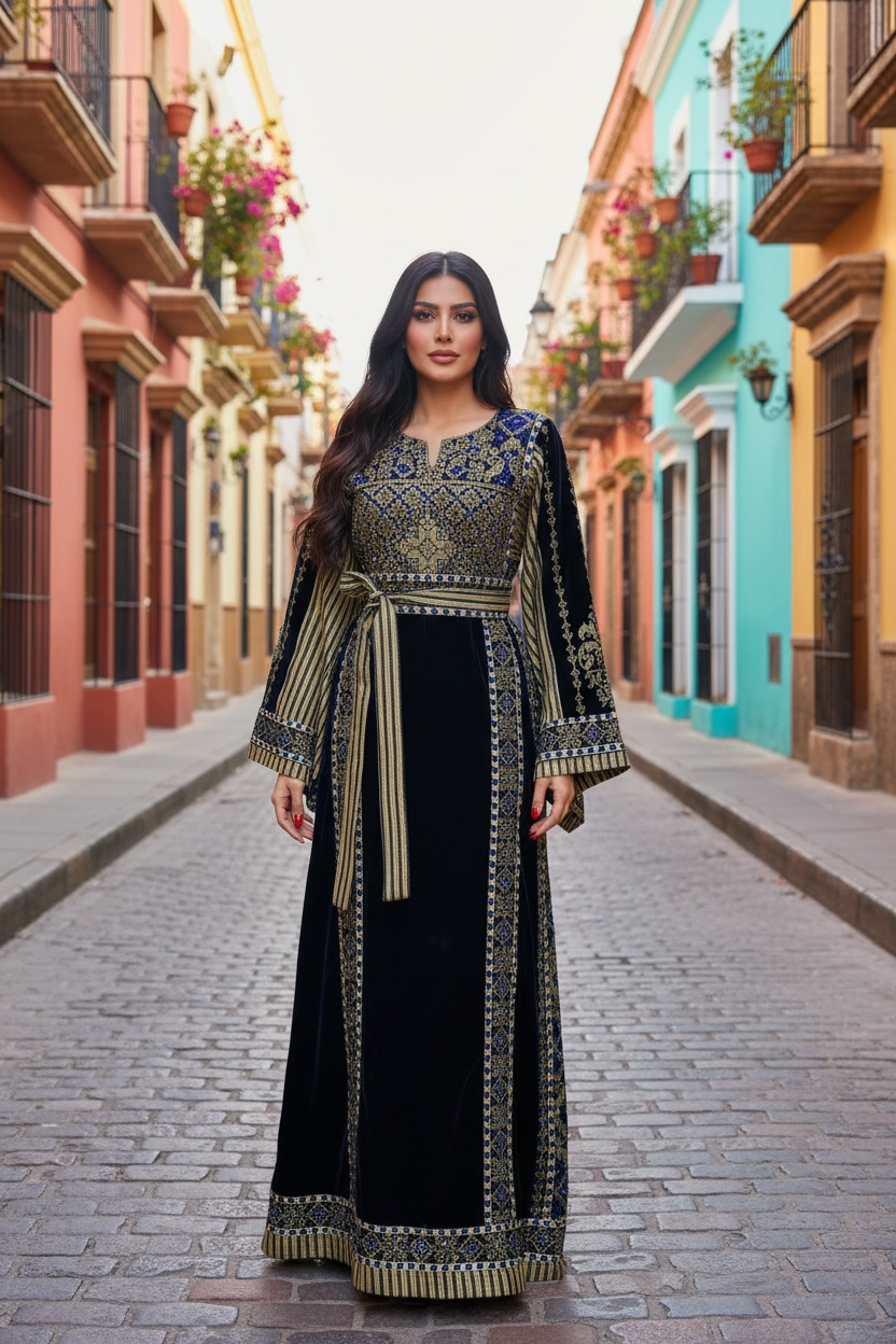 Velvet Simply Elegant Wide Sleeve Thoub Blue Embroidered Palestinian Thobe