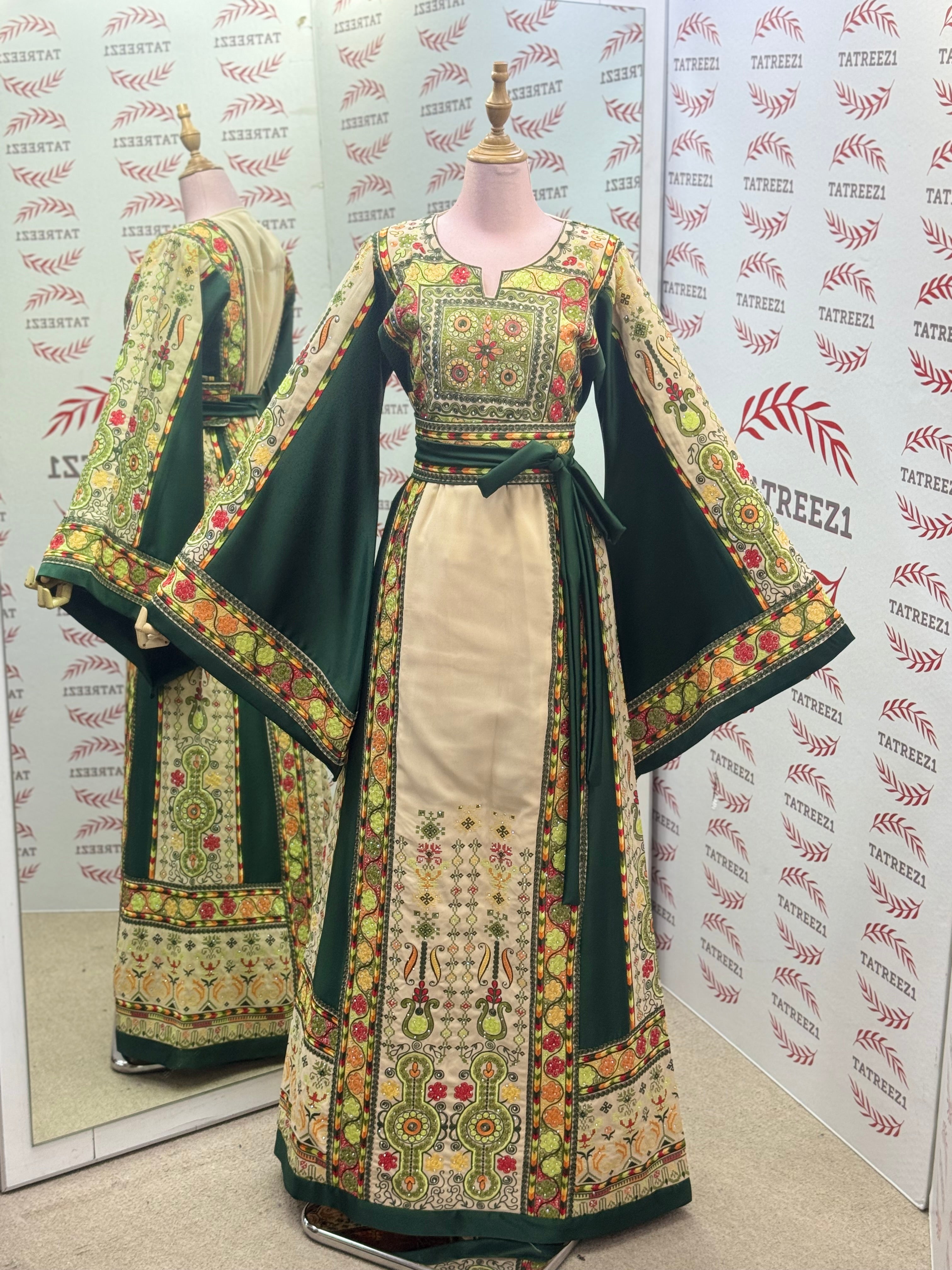 The Green & Cream Palestinian Tatreez Thobe Heritage Elegance Embroidered Dress