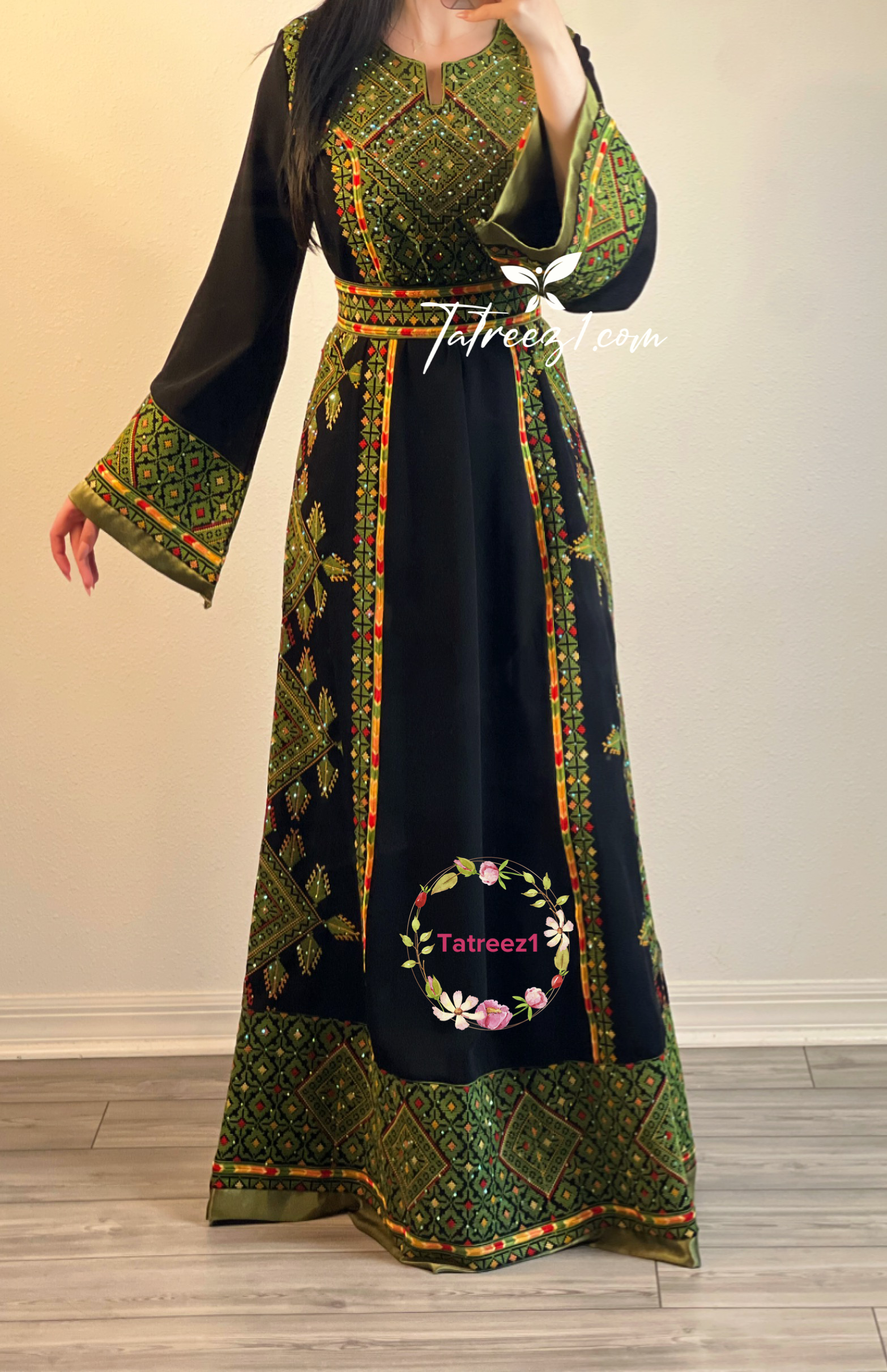 Black/Green Embroidery Embroidered Palestinian Thobe With Embroidery belt