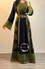 Load image into Gallery viewer, Black/Green Embroidery Embroidered Palestinian Thobe With Embroidery belt
