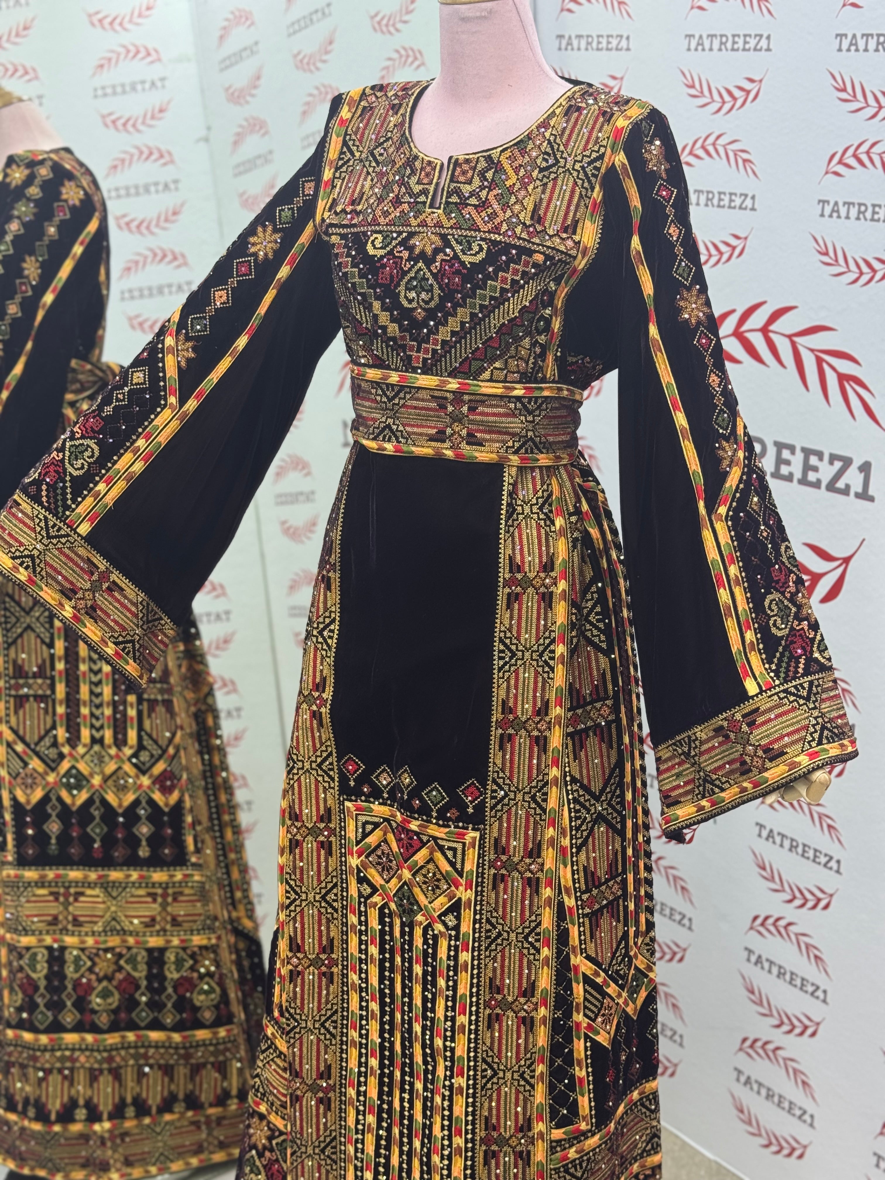 Golden Embroidery Silk Dark Brown Velvet Stone Thobe