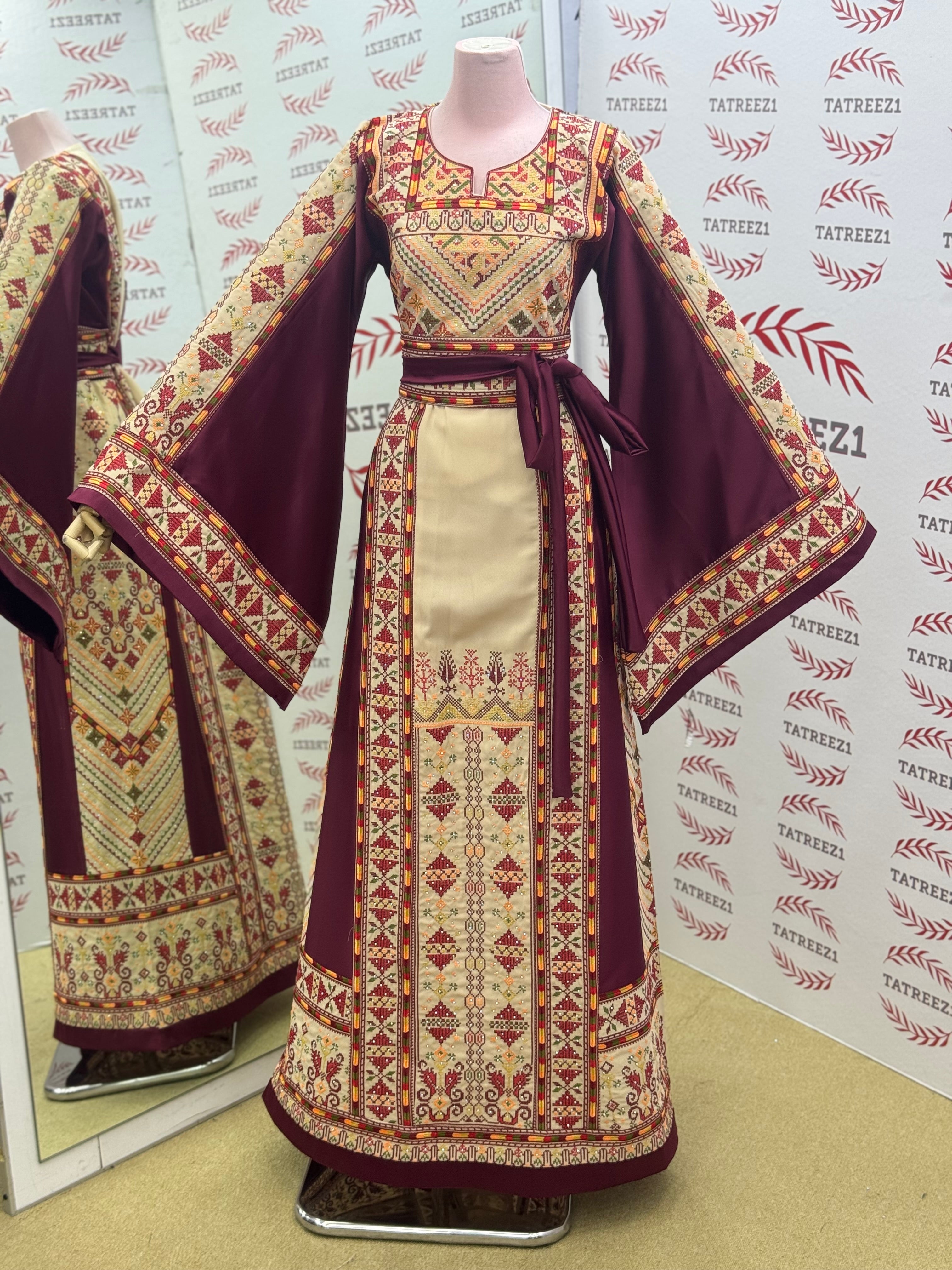 Beige Color thoub Maroon Embroidered Palestinian Fellahi Thobe With Belt