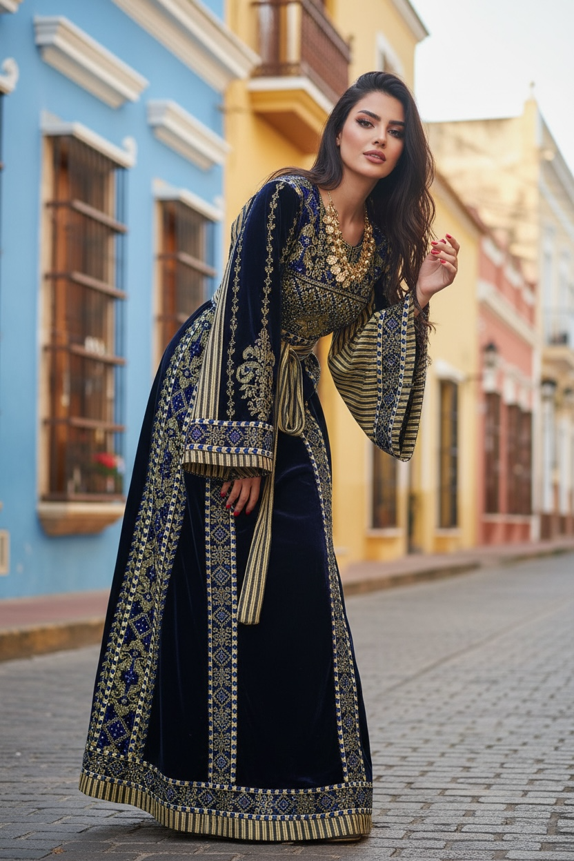 Velvet Simply Elegant Wide Sleeve Thoub Blue Embroidered Palestinian Thobe
